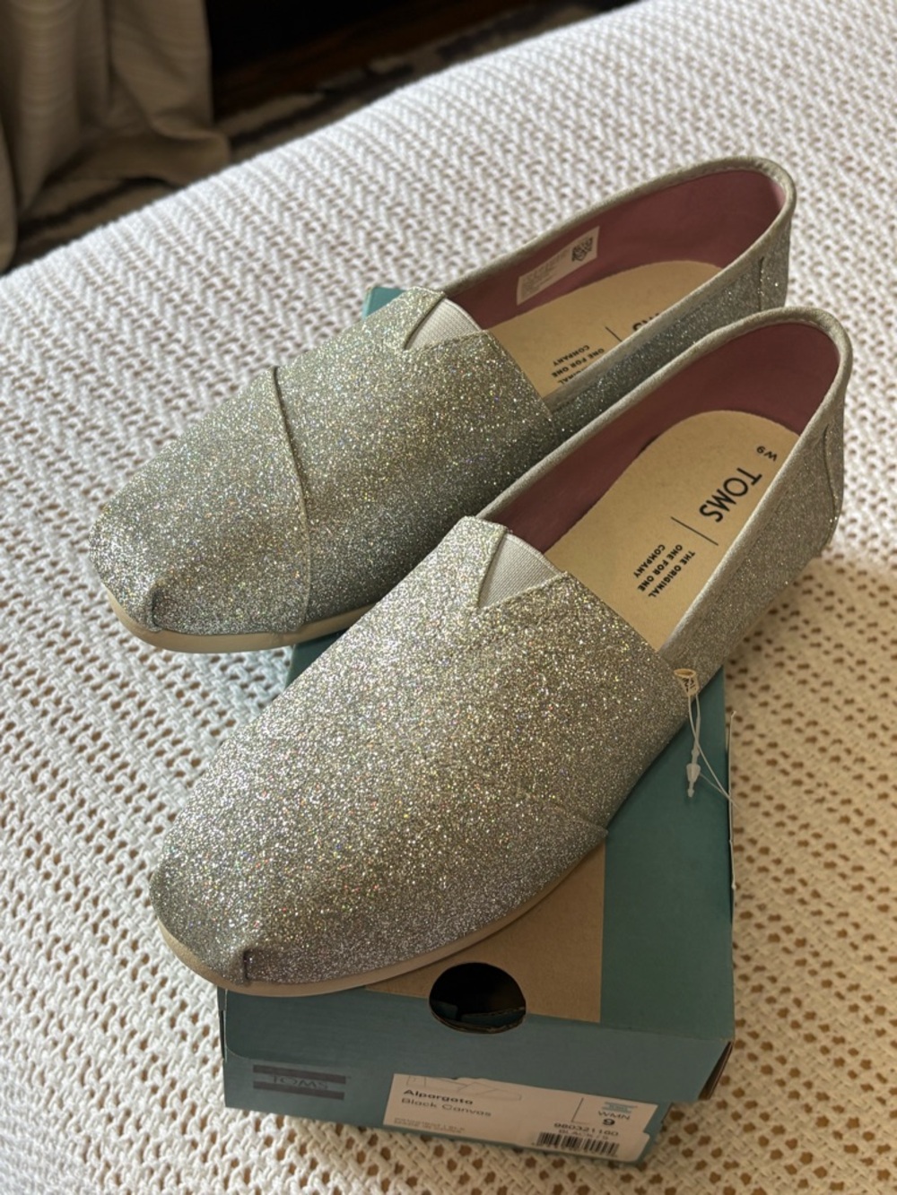 TOMS Silver Glitter Slip-On Flats with Pink Lining